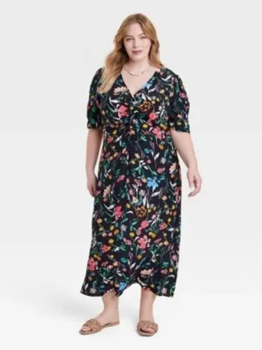 A New Day Women's Puff Short Sleeve Ruched A-Line Dress - Black Floral NWT 4X